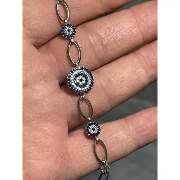 Sterling Silver Blue and White CZ Bracelet 7.5 Inches !! - Picture 8 of 14